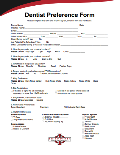 Friendship Dentist Preference Form